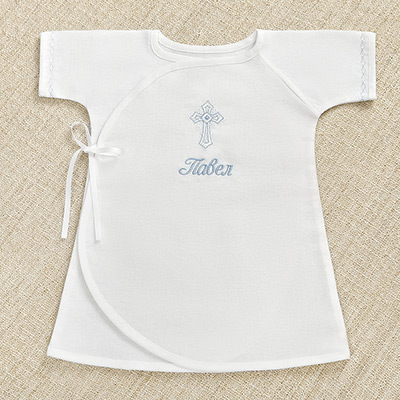 Фото товара "Крестильная распашонка "Голубое перышко"" из магазина ЛиноБамбино