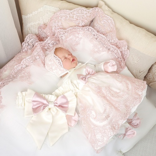 Комплект на выписку девочки "Самия" молочно-пудровый - миниатюра фотографии товара в каталоге ЛиноБамбино