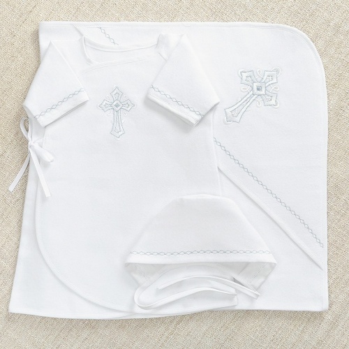 Крестильный комплект "Голубое перышко" с пеленкой - миниатюра фотографии товара в каталоге ЛиноБамбино