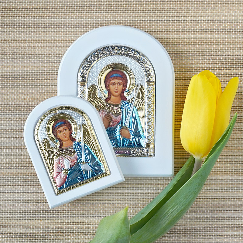 Икона белое дерево "Ангел-хранитель" цветная фото 5