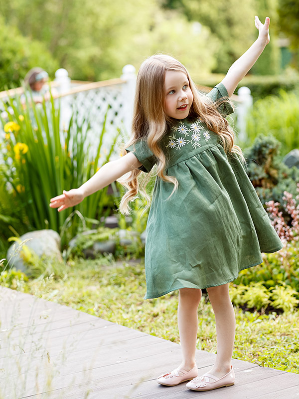Платье Ромашки зеленое лён фото 2