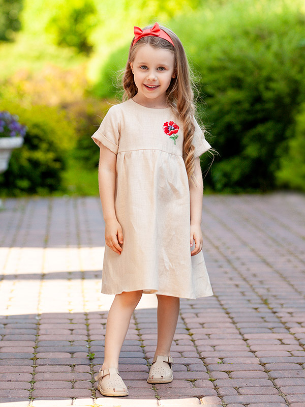 Платье Красный мак бежевое лён фото 3