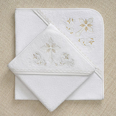 Махровое крестильное полотенце с уголком "Крестик с орнаментом" - миниатюра фотографии товара в каталоге ЛиноБамбино