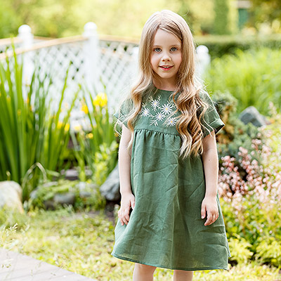 Платье Ромашки зеленое лён - миниатюра фотографии товара в каталоге ЛиноБамбино