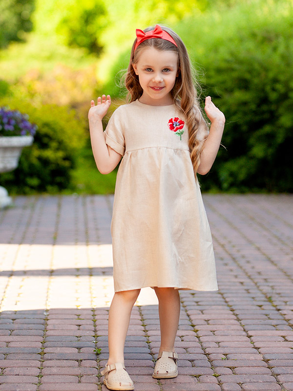 Платье Красный мак бежевое лён фото 2