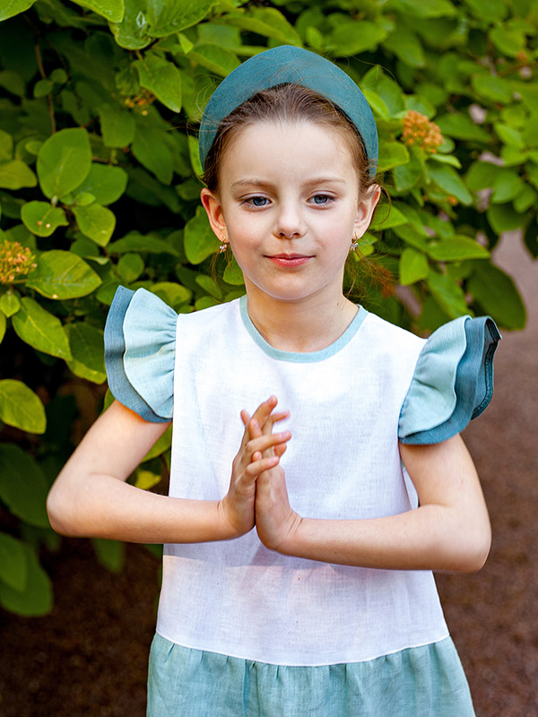 Льняной сарафан Кокетка зелено-голубой фото 2