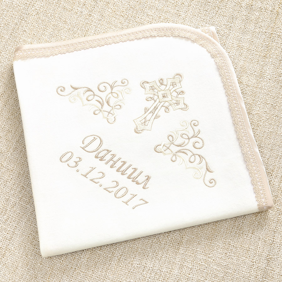 Тёплая пеленка для крещения "Крестик с завитками" фото 3