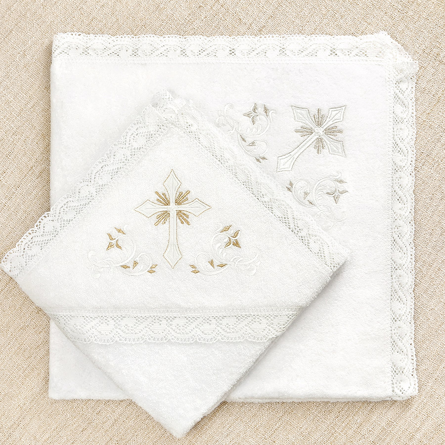 Кружевное полотенце для крещения "Крест с орнаментом" фото 1