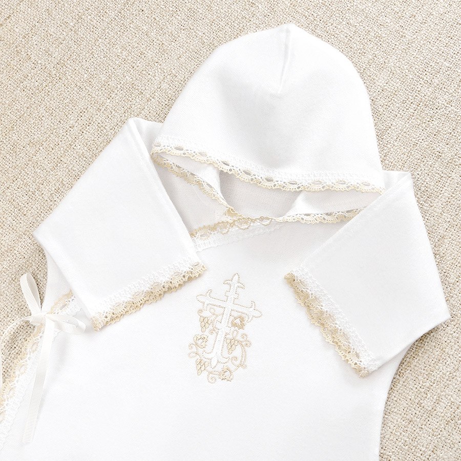 Детская крестильная рубашка "Бежевый лучик" с капюшоном фото 10