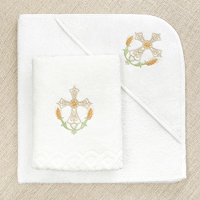 Крестильное полотенце с уголком "Крест с колосьями" - миниатюра фотографии товара в каталоге ЛиноБамбино
