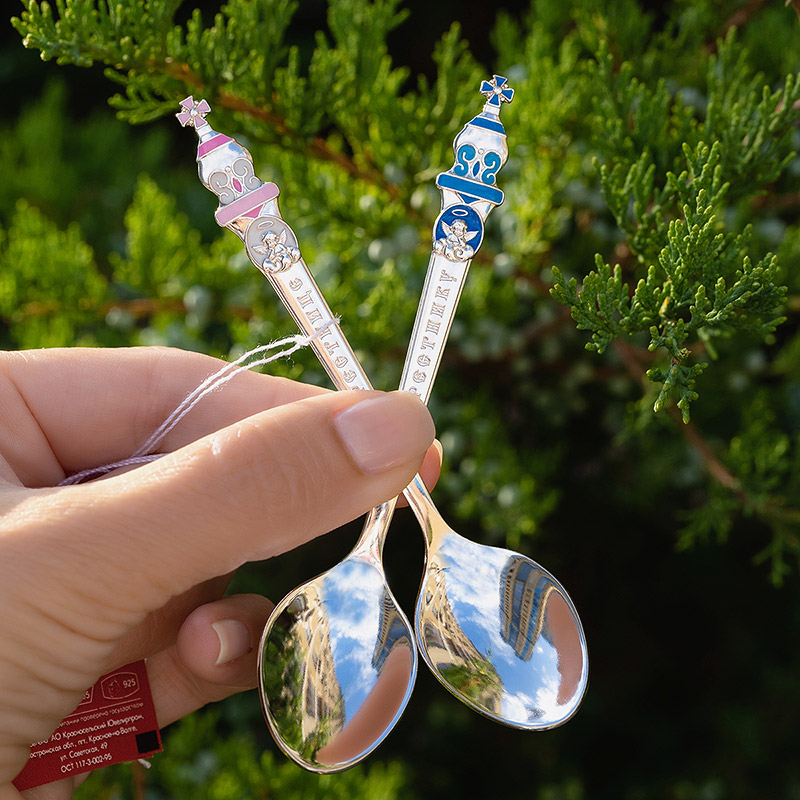Серебряная ложечка с эмалью Крестнице фото 5