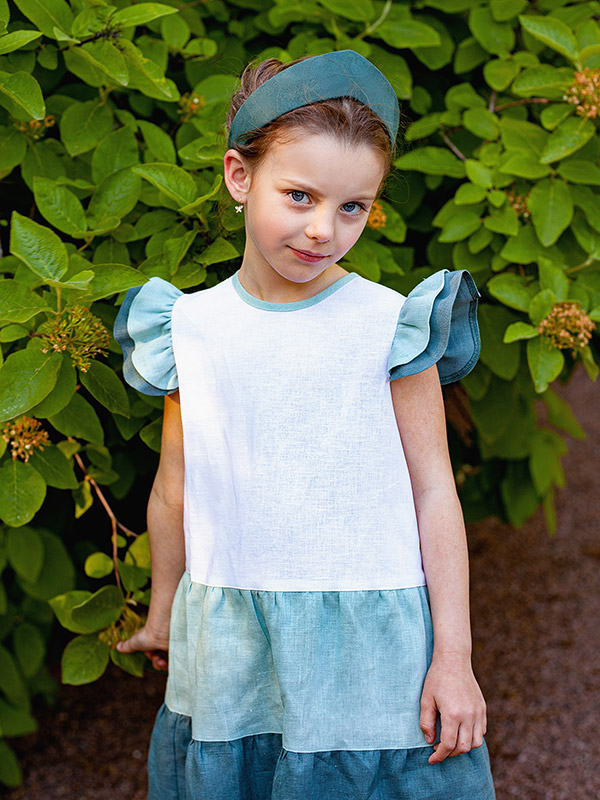 Льняной сарафан Кокетка зелено-голубой фото 1