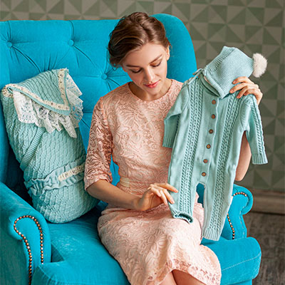 Вязаный комплект на выписку "Жемчуг" тиффани - миниатюра фотографии товара в каталоге ЛиноБамбино