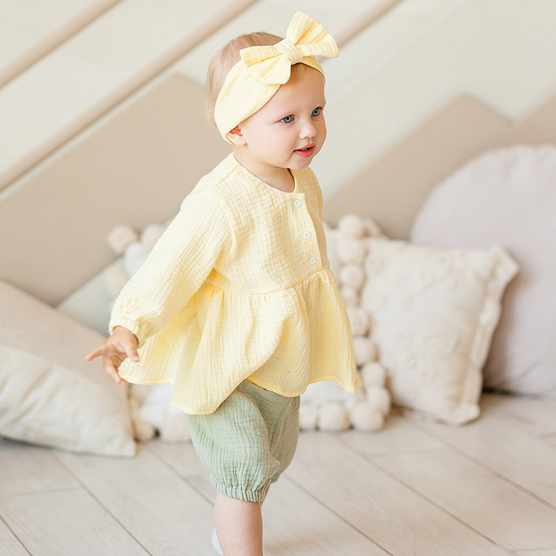 Костюмчик из муслина Дуэт оливково-желтый для девочки фото 3