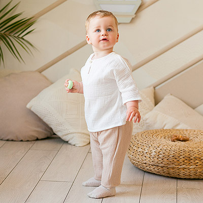 Костюмчик из муслина Дуэт бежево-молочный для мальчика - миниатюра фотографии товара в каталоге ЛиноБамбино