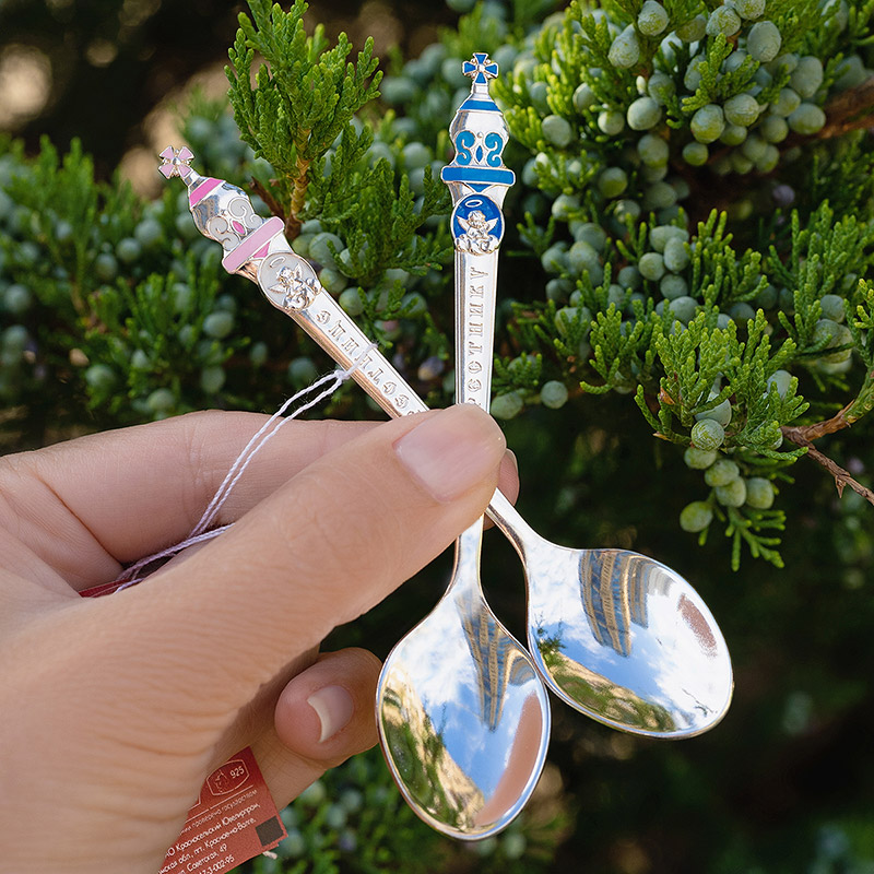 Серебряная ложечка с эмалью Крестнику фото 4