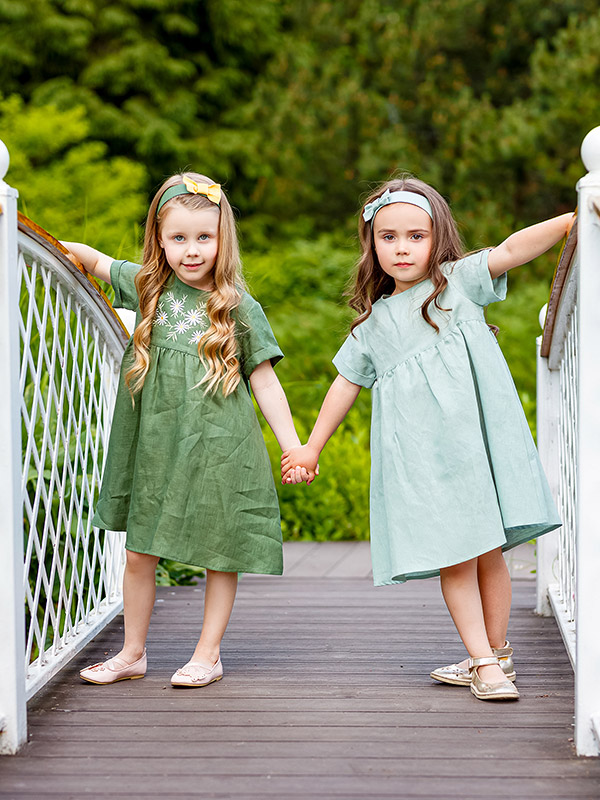 Платье Ромашки зеленое лён фото 6