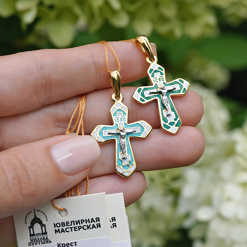 Позолоченный крестик КРЭ07 бирюзовая эмаль фото 5