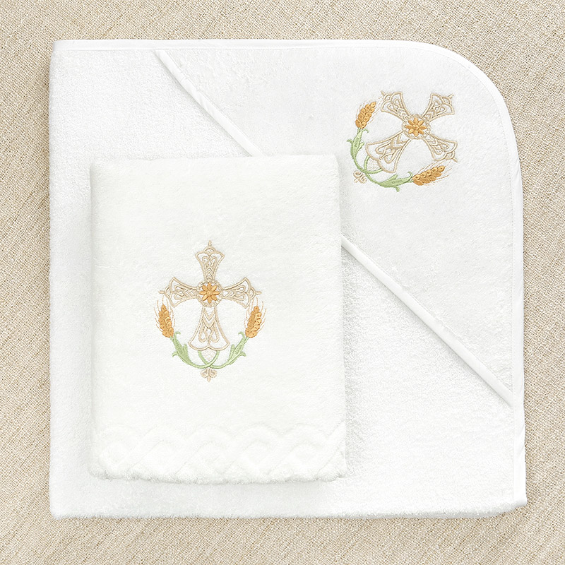 Крестильное полотенце с уголком "Крест с колосьями" фото 1