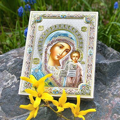 Посеребренная икона "Казанская Божья Матерь" - миниатюра фотографии товара в каталоге ЛиноБамбино