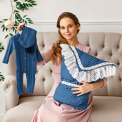 Вязаный комплект на выписку "Жемчуг" парламент - миниатюра фотографии товара в каталоге ЛиноБамбино