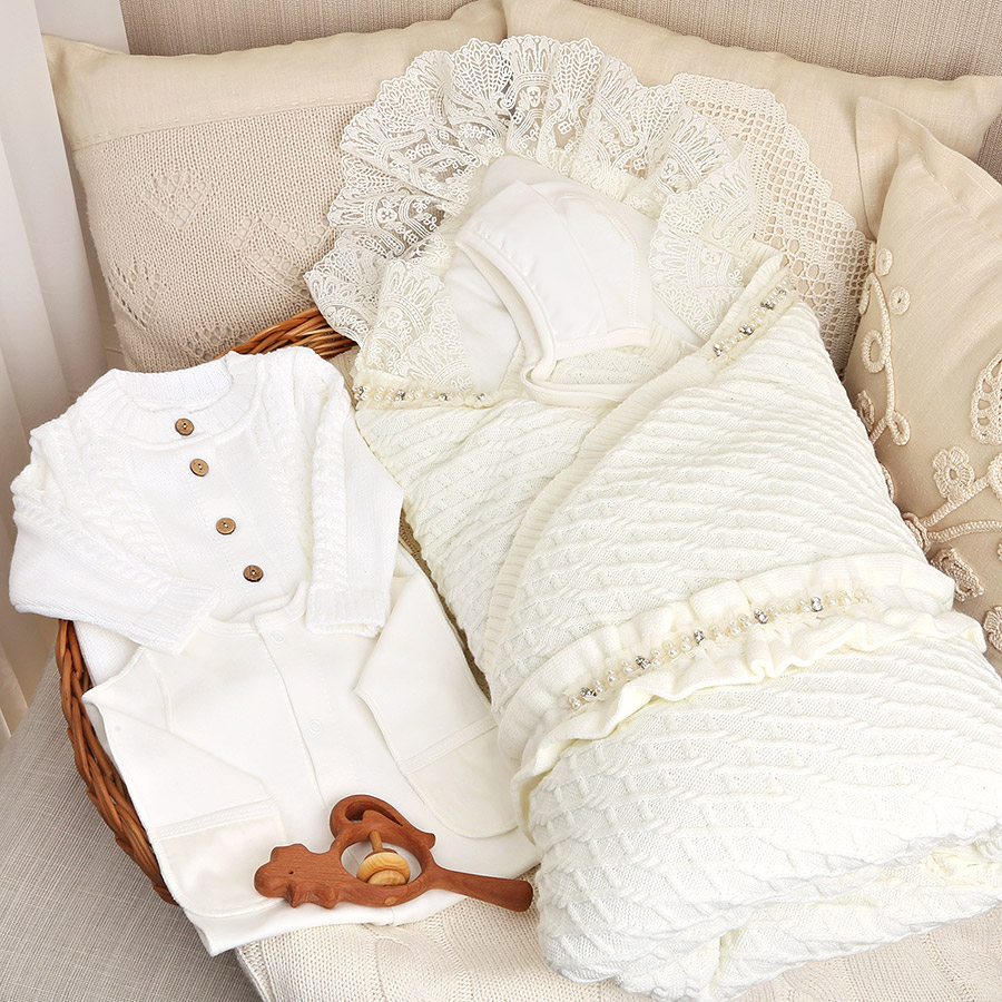 Вязаный комплект на выписку "Жемчуг" молочный фото 4