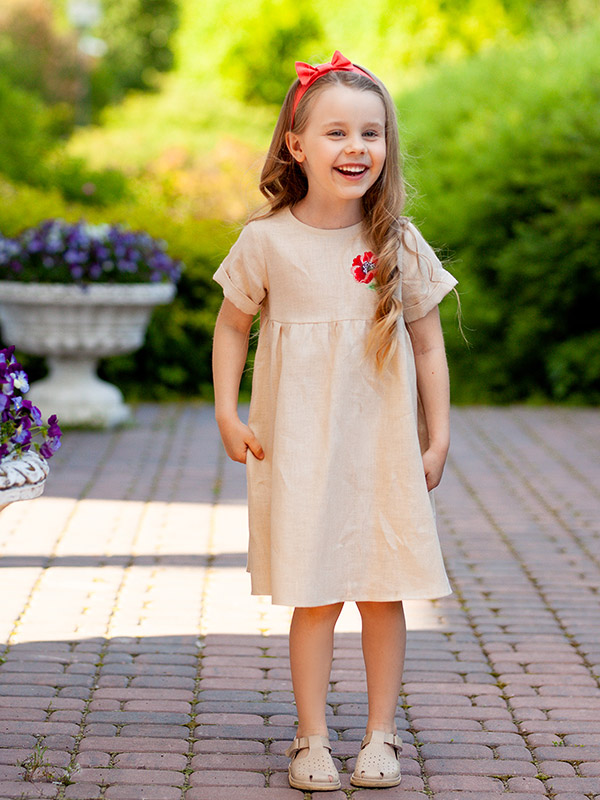 Платье Красный мак бежевое лён фото 1