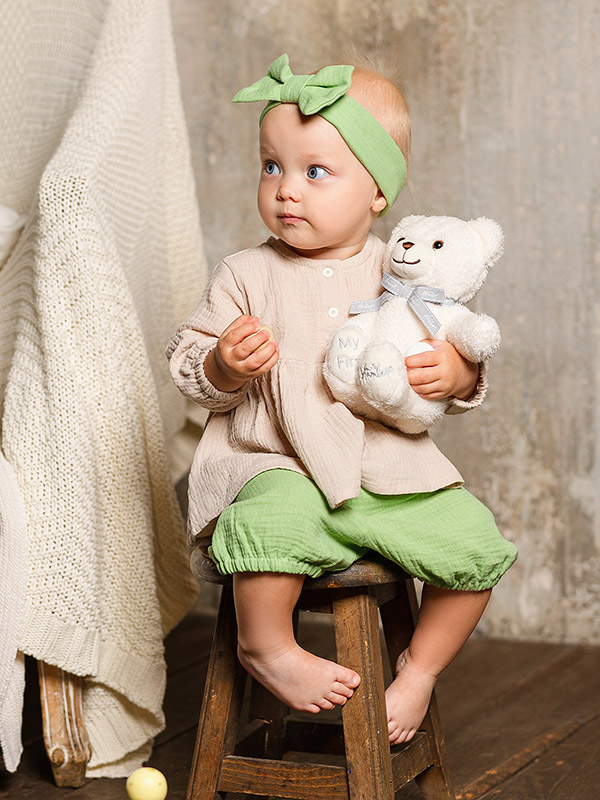 Костюмчик из муслина Дуэт салатовый-песочный для девочки фото 6