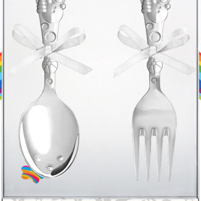 Фото товара "Ложка и вилка "Мишка" серебрение с эмалью" из магазина ЛиноБамбино