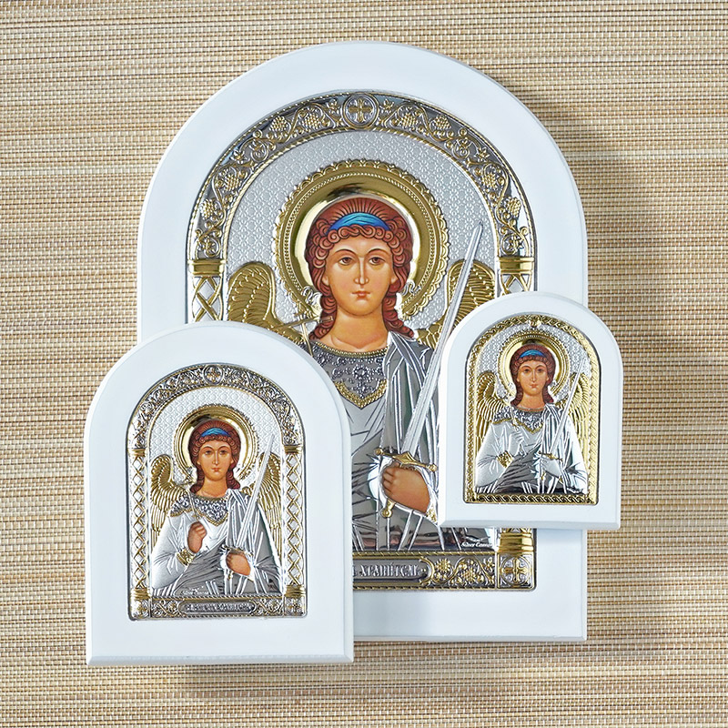 Икона белое дерево "Ангел-хранитель" серебристая фото 2