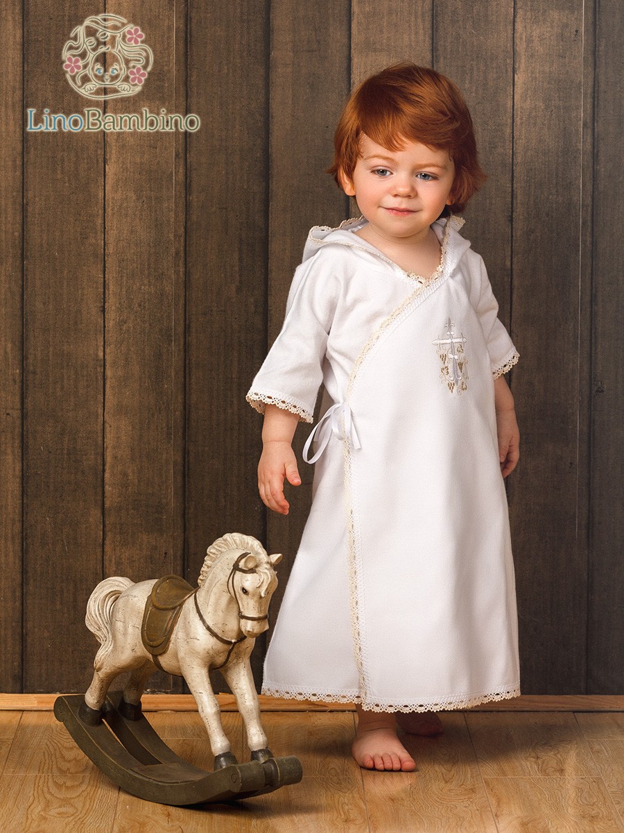 Детская крестильная рубашка "Бежевый лучик" с капюшоном фото 5