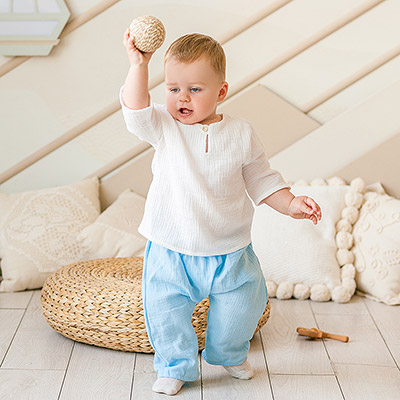 Костюмчик из муслина Дуэт молочно-голубой для мальчика - миниатюра фотографии товара в каталоге ЛиноБамбино