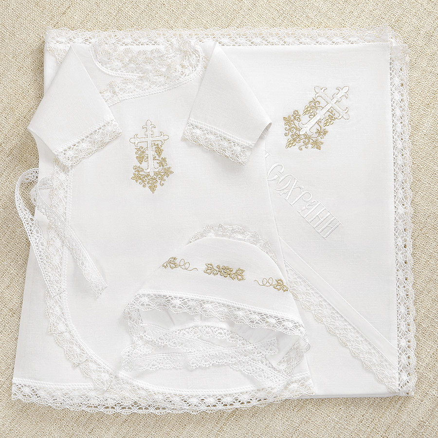 Крестильный комплект "Золотая лоза" унисекс с крыжмой фото 1