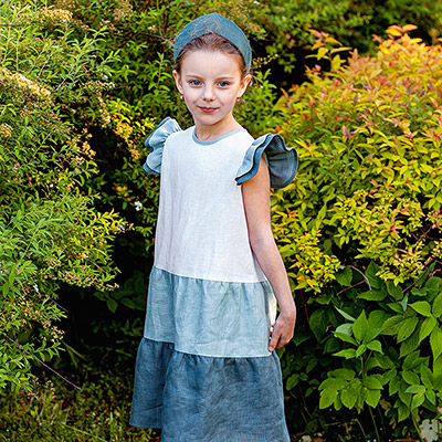 Льняной сарафан Кокетка зелено-голубой - миниатюра фотографии товара в каталоге ЛиноБамбино