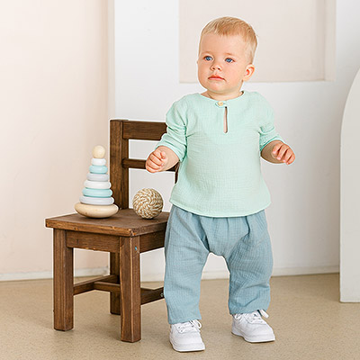 Костюмчик из муслина Дуэт цунами-мята для мальчика - миниатюра фотографии товара в каталоге ЛиноБамбино