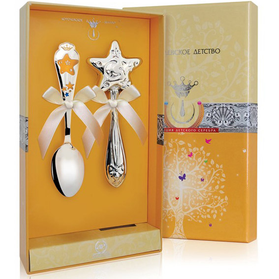Серебряная ложка и погремушка "Звездочка"