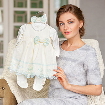 Костюмчик с платьем "Люрекс" молоко+тиффани - миниатюра фотографии товара в каталоге ЛиноБамбино