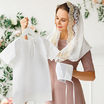 Крестильный комплект "Ручеек" для ребенка с пеленкой - миниатюра фотографии товара в каталоге ЛиноБамбино