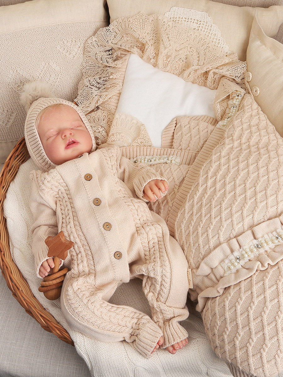 Вязаный комплект на выписку "Жемчуг" бежевый фото 1