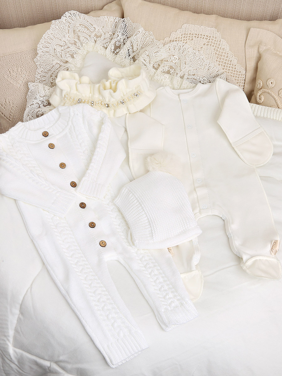 Вязаный комплект на выписку "Жемчуг" молочный фото 1