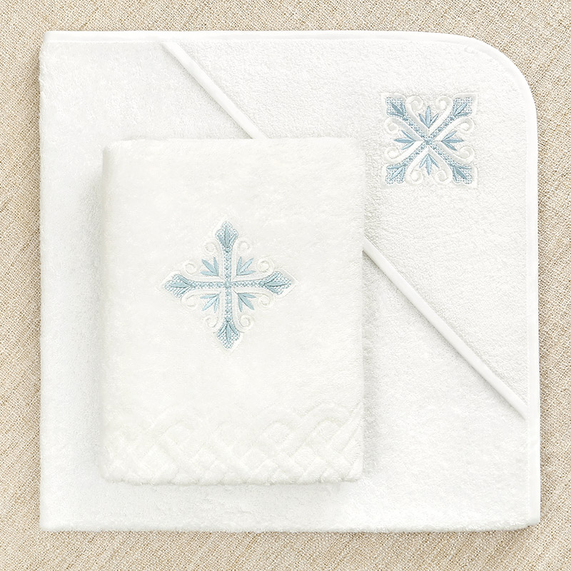 Махровое крестильное полотенце с уголком "Лучистый крест голубой" фото 1