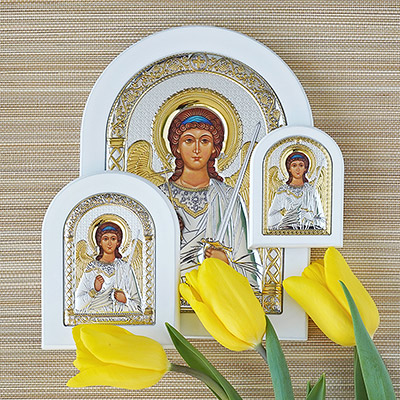 Икона белое дерево "Ангел-хранитель" серебристая - миниатюра фотографии товара в каталоге ЛиноБамбино