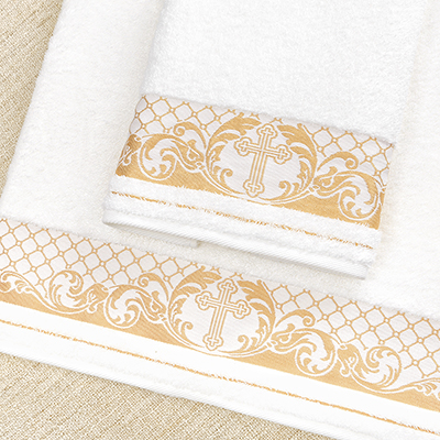 Фото товара "Махровое полотенце для крещения с золотым бордюром" при наведении