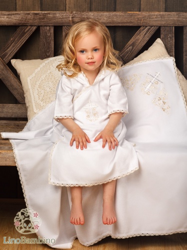 Крестильный комплект унисекс "Бежевый лучик" с пеленкой - миниатюра фотографии товара в каталоге ЛиноБамбино