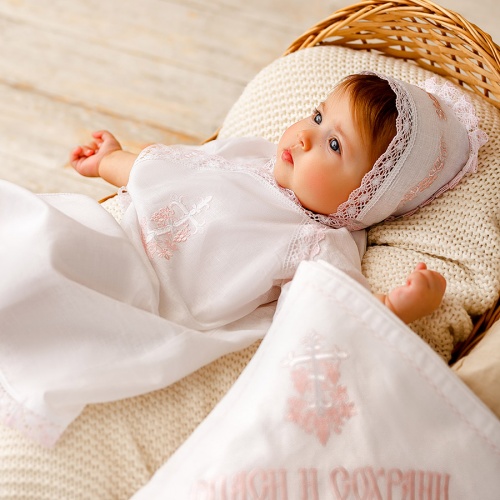 Крестильный комплект "Розовая лоза" для девочки с крыжмой - миниатюра фотографии товара в каталоге ЛиноБамбино