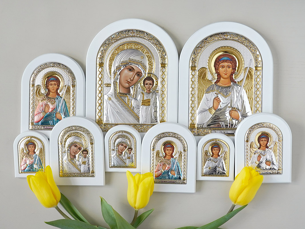 Икона белое дерево "Богородица" серебристая фото 3