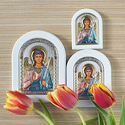 Икона белое дерево "Ангел-хранитель" цветная - миниатюра фотографии товара в каталоге ЛиноБамбино