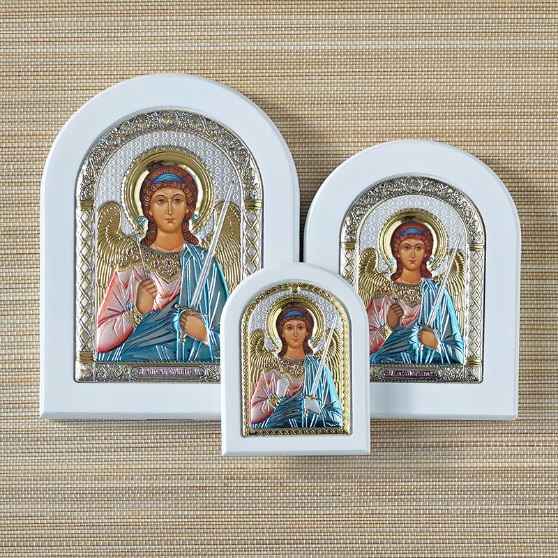 Икона белое дерево "Ангел-хранитель" цветная фото 3