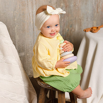 Костюмчик из муслина Дуэт салатово-желтый для девочки - миниатюра фотографии товара в каталоге ЛиноБамбино