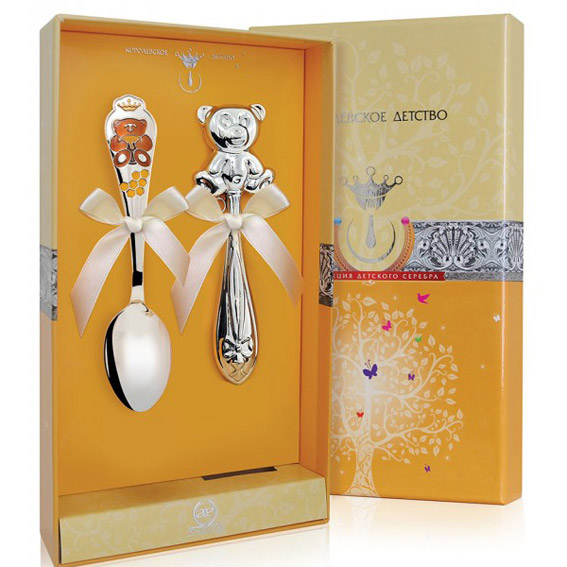Серебряная ложка и погремушка "Мишка"